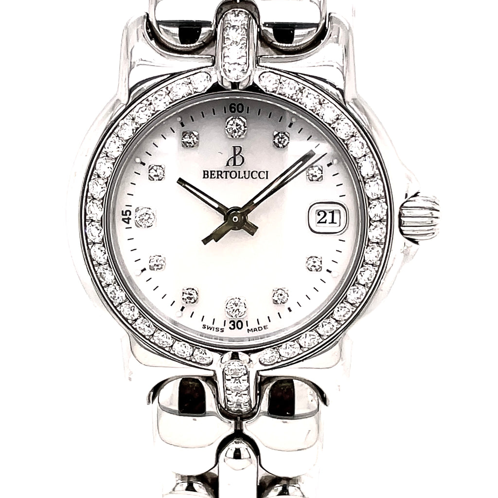 This Bertolucci Diamond Vir Stainless Steel Watch features a 0.55 ct round diamonds on its MOP dial, as well as quartz movement and a stainless steel link bracelet fastened with a deployment buckle. Hour markers are also present in diamond.