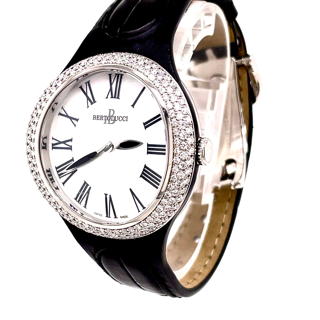 Bertolucci MOP dial  Serena Garbo   Round diamond 2.02 cts  Stainless steel  Black leather watch band  303.55.41P.88