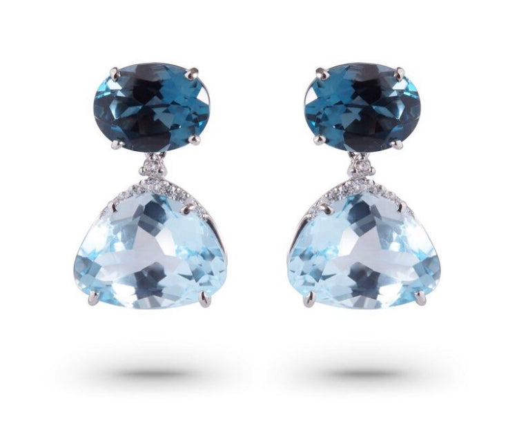 Front view of 18k White Gold Blue London & Topaz drop earrings
