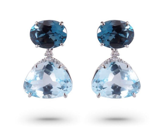 Front view of 18k White Gold Blue London & Topaz drop earrings