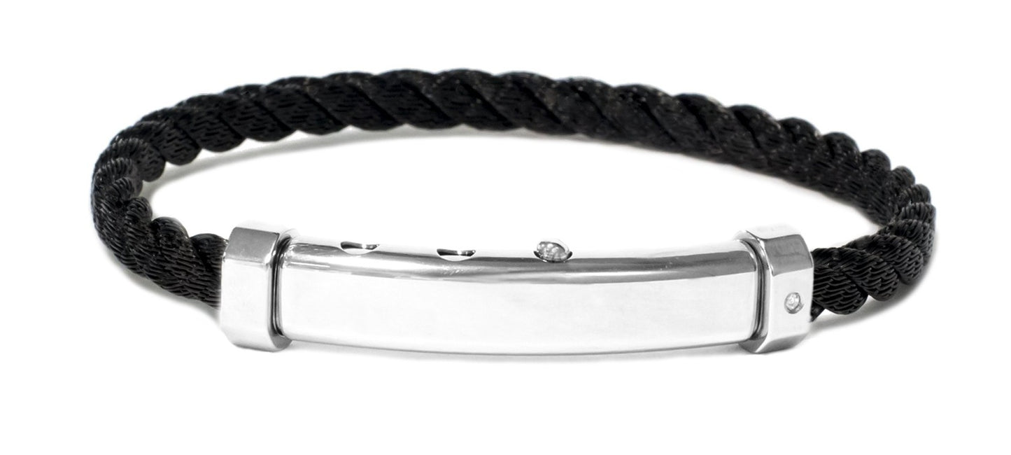 Top view of Borsari Thick Dark Gray Stainless Steel Rope Bangle with a Diamond
