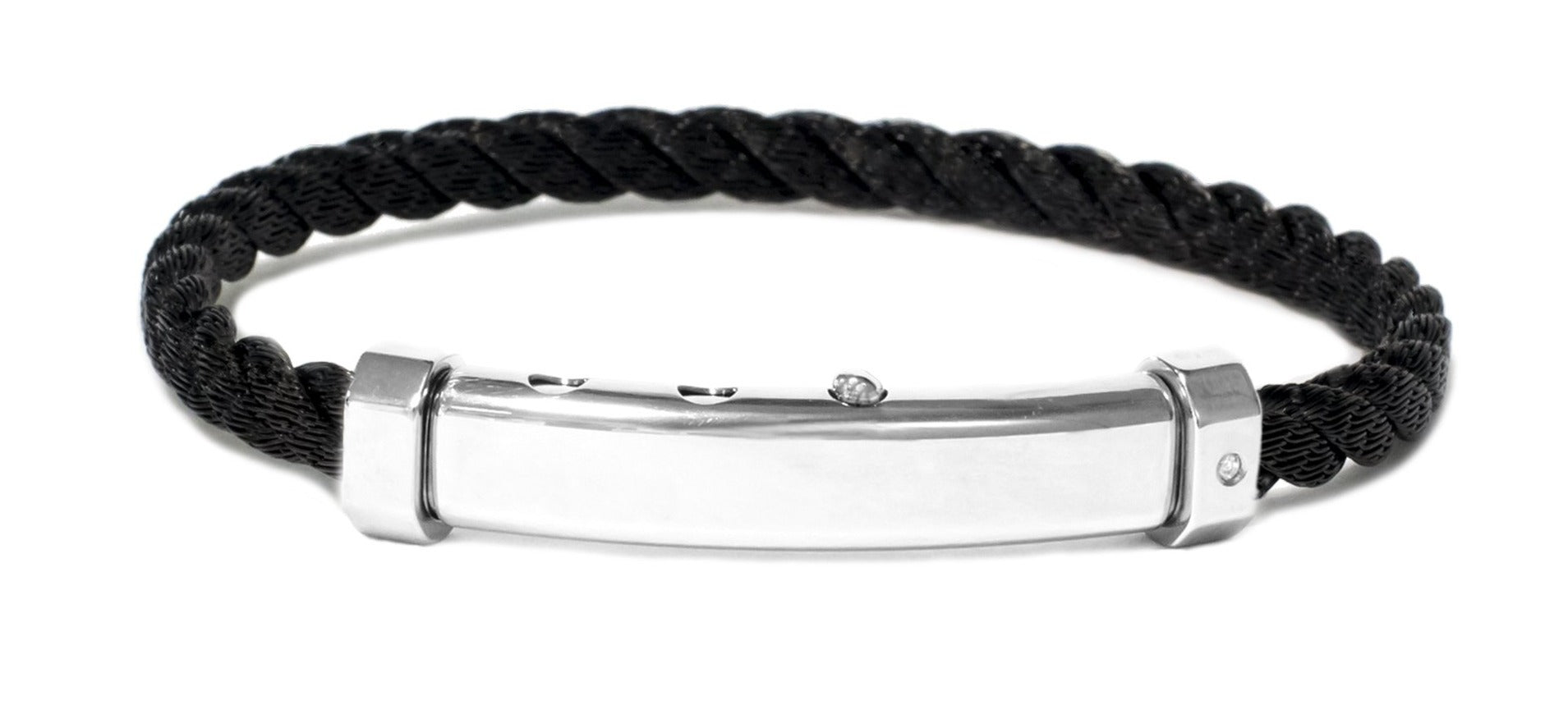 Top view of Borsari Thick Dark Gray Stainless Steel Rope Bangle with a Diamond