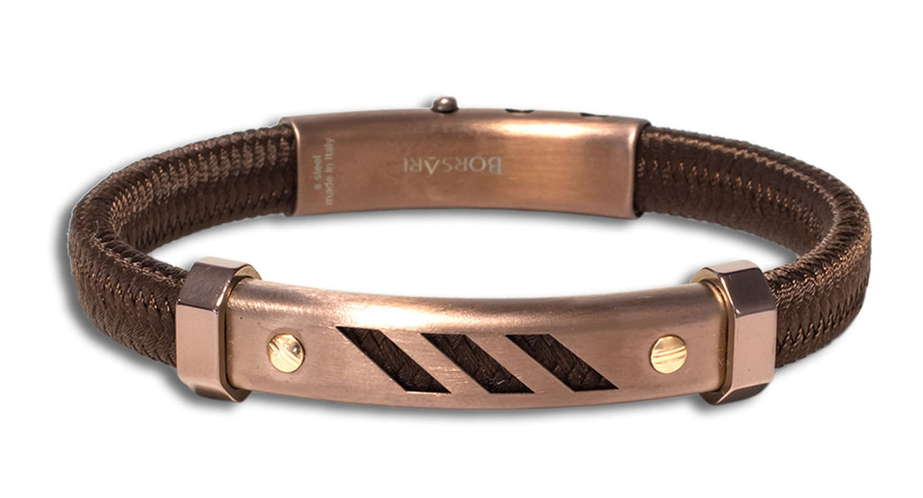 This bracelet created a sporty and elegant look  Italian made stainless steel bracelet  Rose gold screws  8" long  Secure adjustable clasp  Brown polyester.