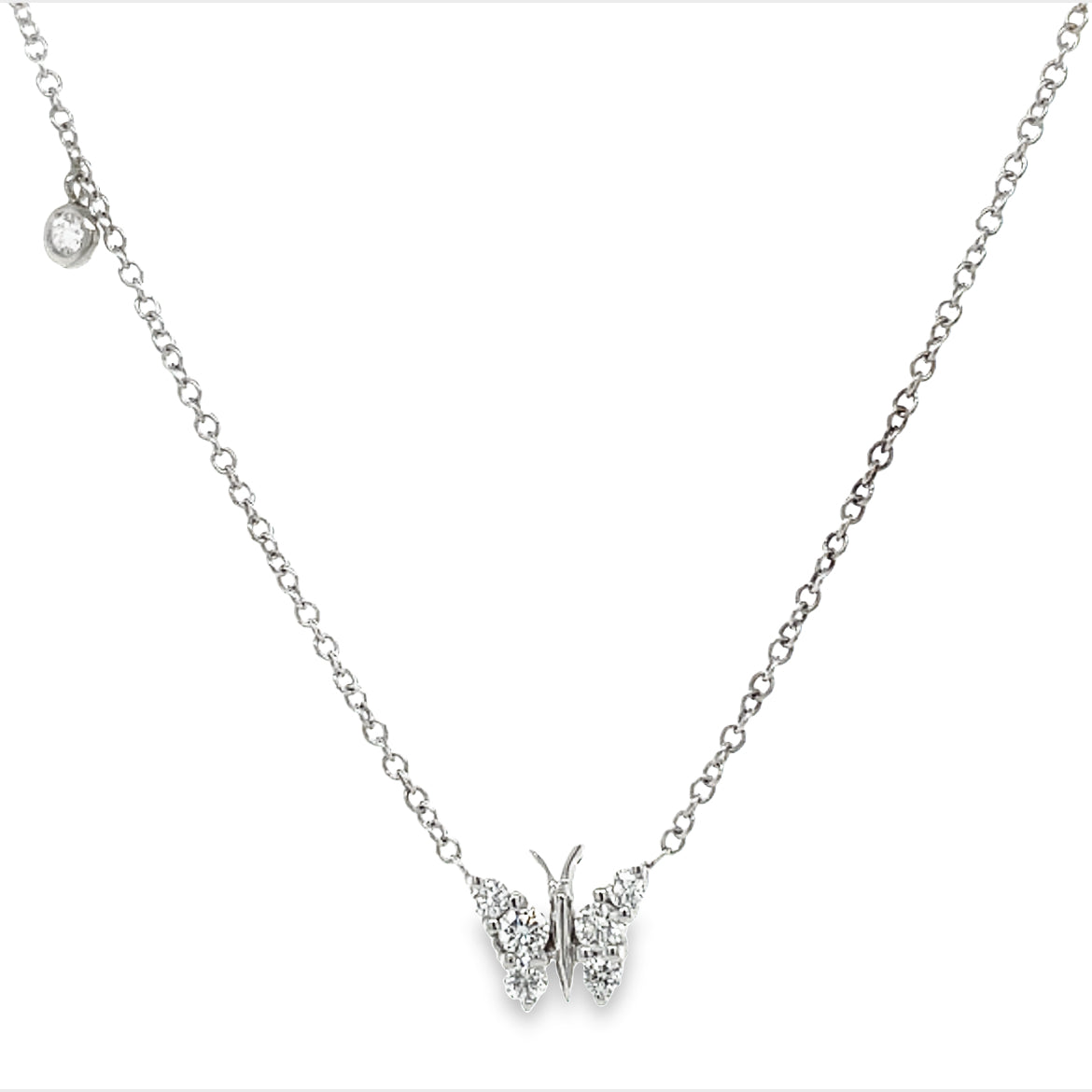 Crafted in Italy, this dazzling Diamond Butterfly Necklace shimmers with round diamonds weighing 0.31 cts, set in 18 kt white gold. Captivating at 11.00 x 9.00 mm, it boasts a secure lobster clasp and measures 16.5" long with a sizing loop.