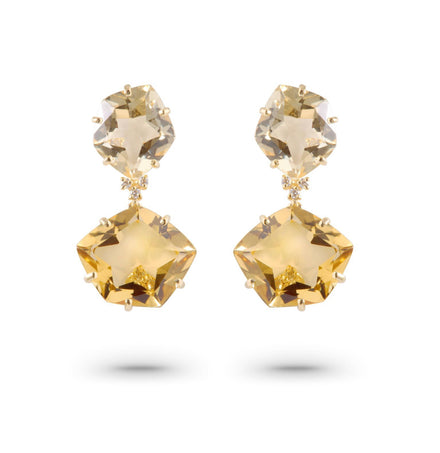  These Brazilian collection earrings exude timeless elegance with 18k yellow gold and featuring  Champagne citrines and round diamonds in a basket setting. These drop earrings will be the highlight of any outfit. They have secure friction backs that you can rely on. 24.00 x 14.00 mm long