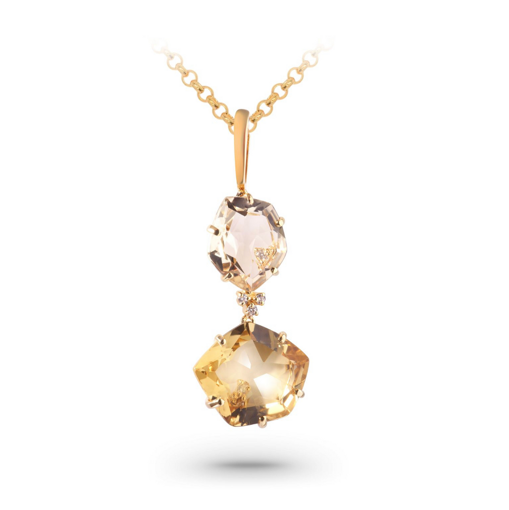 From our Brazilian collection  Champagne citrine and round diamonds   Basket setting   18k yellow gold   18" long yellow gold chain (optional $230.00)  30.00 x 14.00 mm long