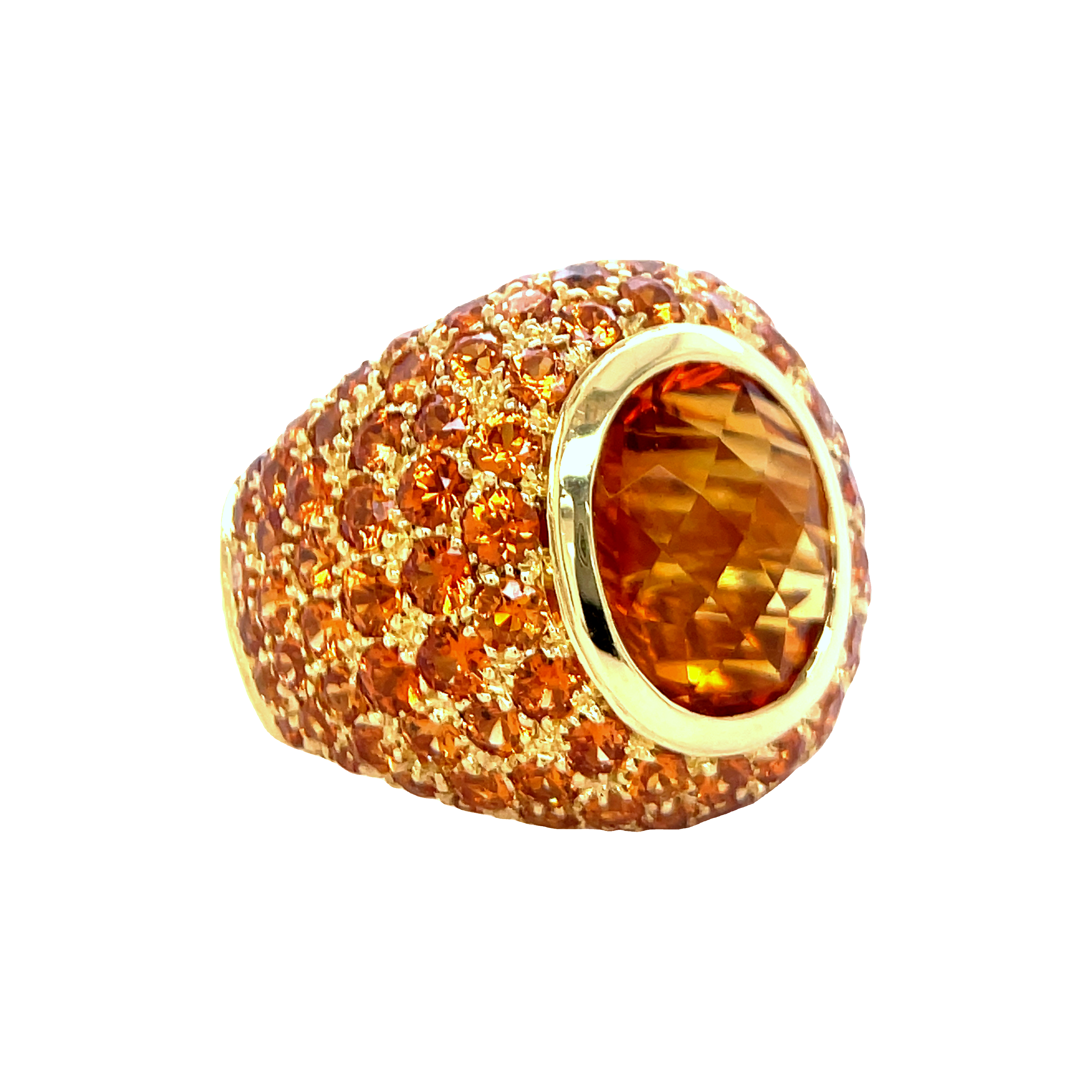 Italian handcrafted ring  Set in 18k yellow gold  Gallery design at the back   Large oval citrine 5.23  Mardarin garnet 7.35 cts  Dome design  Size 7 (sizeable)  21.00 mm lengh