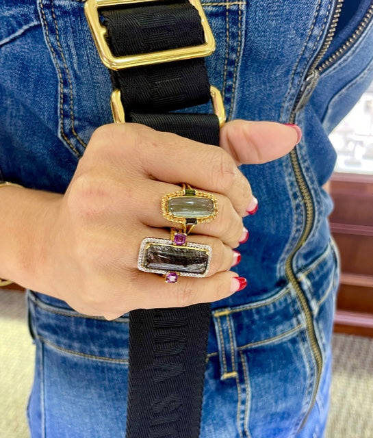 Try on view of 14k Yellow Gold Rutilated Quartz & Diamond Garnet Fashion Ring