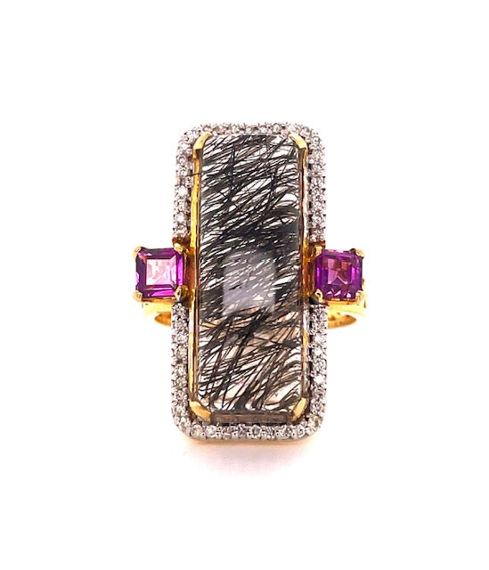 Front view of 14k Yellow Gold Rutilated Quartz & Diamond Garnet Fashion Ring