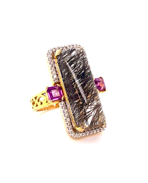Side view of 14k Yellow Gold Rutilated Quartz & Diamond Garnet Fashion Ring
