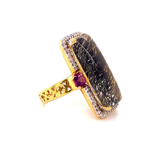 Side view of 14k Yellow Gold Rutilated Quartz & Diamond Garnet Fashion Ring