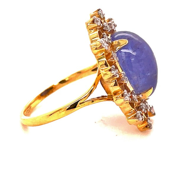 Side view of 14k Yellow Gold Tanzanite Cabochon & Diamond Fashion Ring