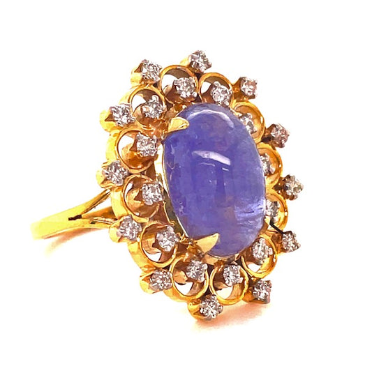 Side view of 14k Yellow Gold Tanzanite Cabochon & Diamond Fashion Ring