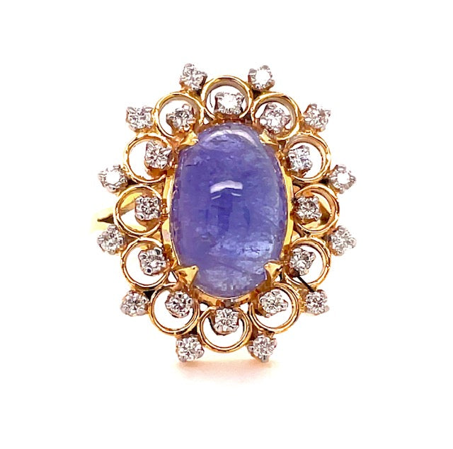 Front view of 14k Yellow Gold Tanzanite Cabochon & Diamond Fashion Ring