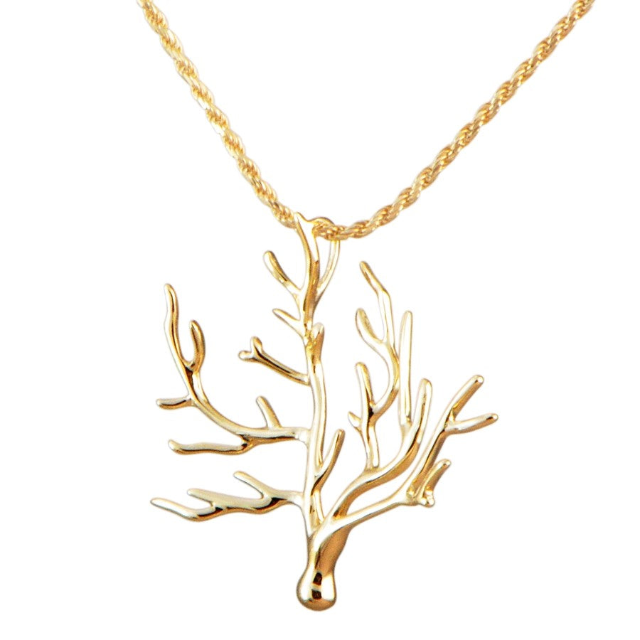 Front view of 14k Yellow Gold Solid Gold Coral Tree Pendant Necklace