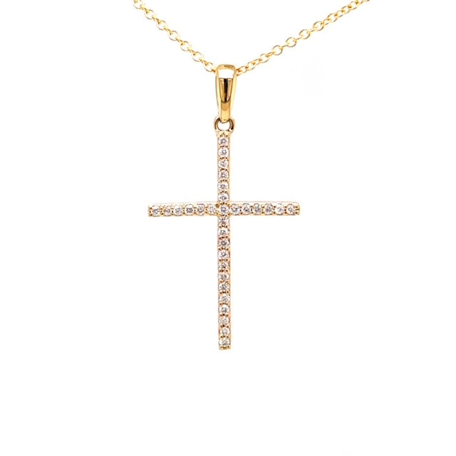 14k yellow gold cross.  Round diamonds  0.12 cts  27'" long including bail.   16" yellow gold chain ($199)
