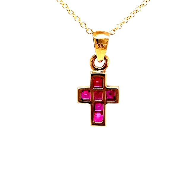 14k yellow gold cross.  6 princess cut rubies 0.54 cts.  16.00 mm including bail. Invisible setting.  16" yellow gold chain optional $160.00
