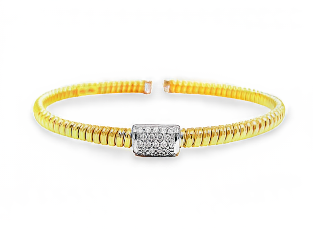 Italian made  Innovated tubogas technique that allows flexibility   Classic and contemporary design   18k yellow & white gold.  Slip on bracelet  Round diamonds  0.10 cts.  4.60 mm wide.