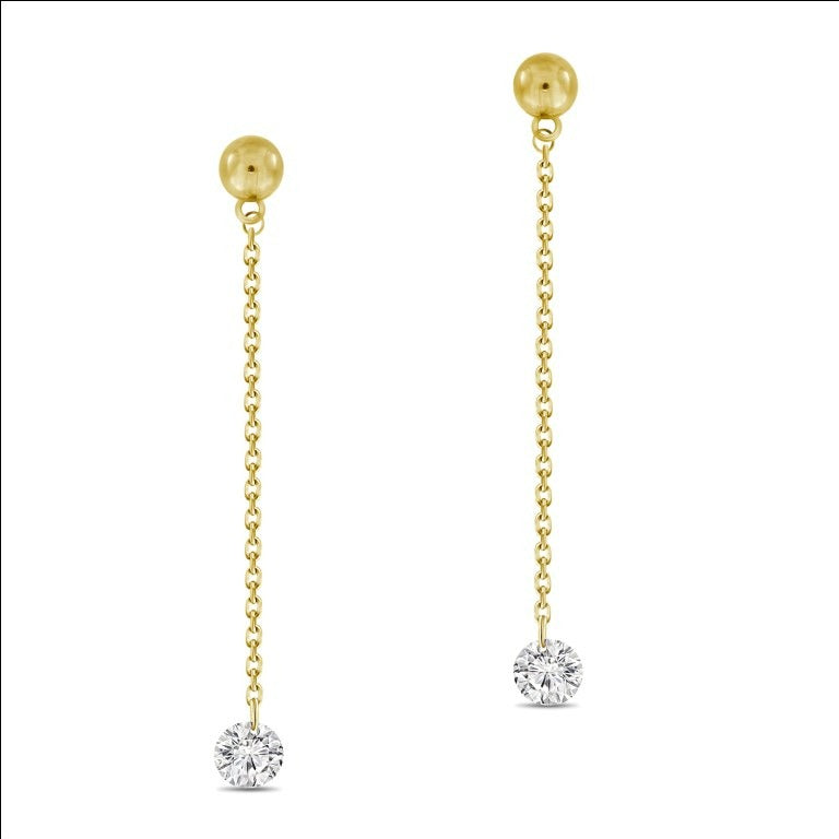 These diamonds float and dance, captivating in their intricate motion. Crafted in shimmering 18k yellow gold, they hold 0.34 cts of brilliant round diamonds. Held securely by a secure friction back, these earrings reach a length of 1.5" and are the perfect adornment for any occasion.