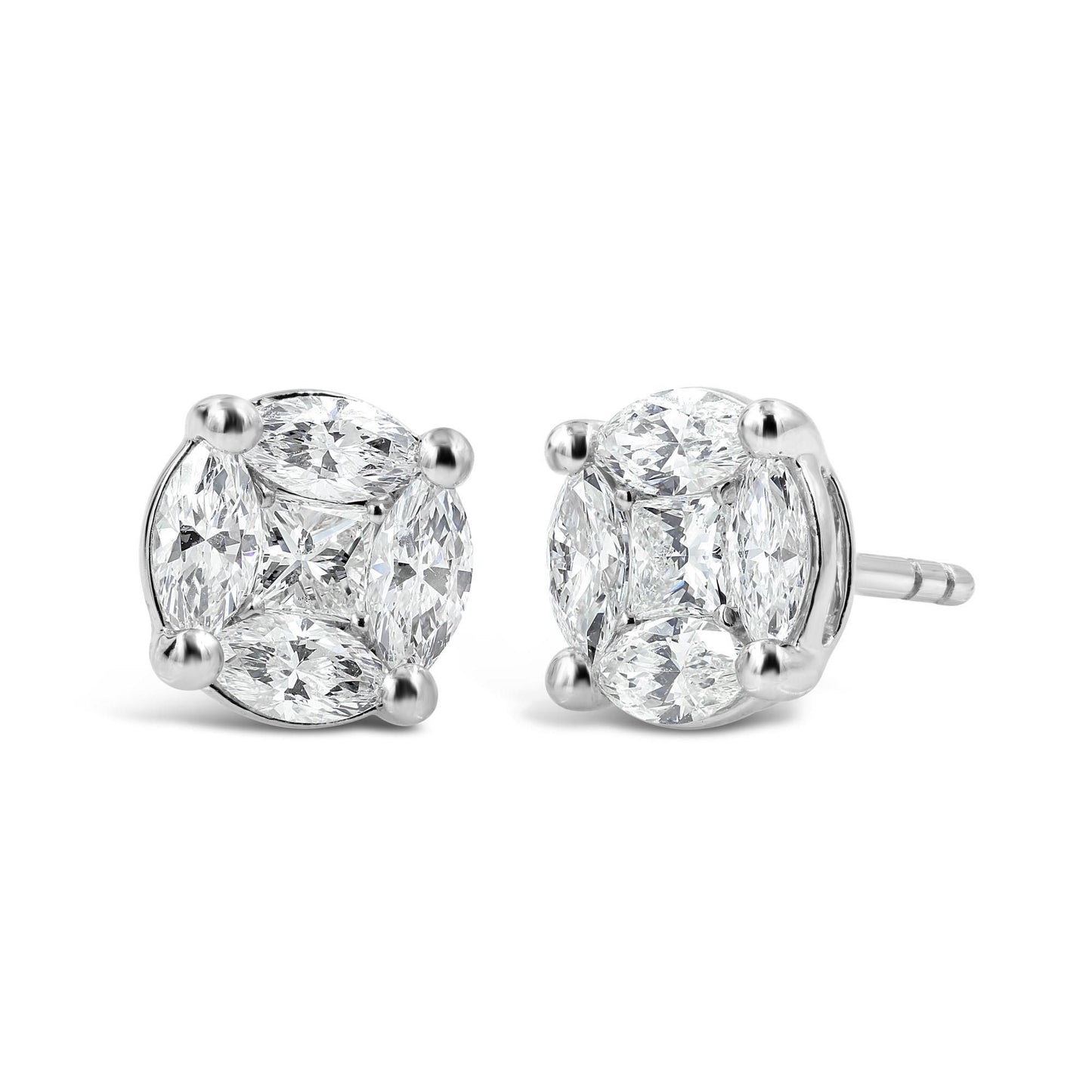 Side view of 18k White Gold Round Shape Illusion Diamond Stud Earrings 1.30 cts