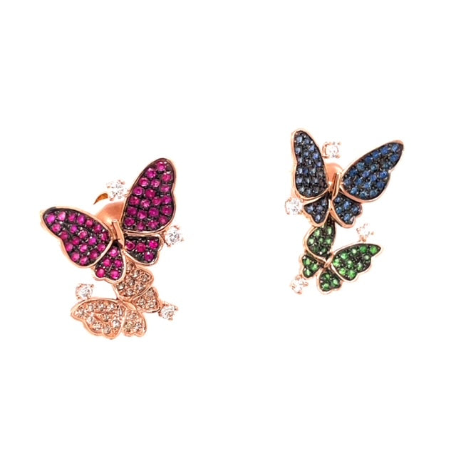 Side view of 18k Rose Gold Ruby, Sapphire, Tsavorite & Diamond Butterfly Earrings