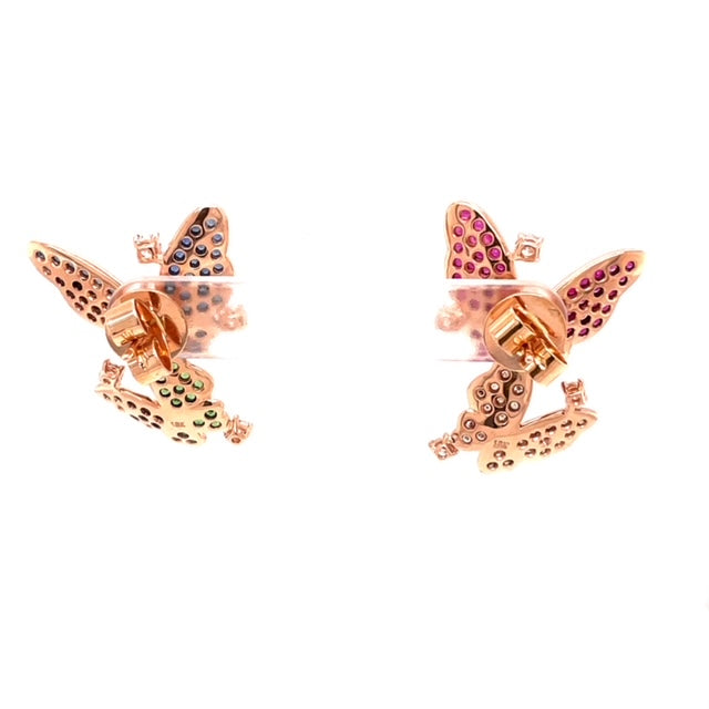 Back view of 18k Rose Gold Ruby, Sapphire, Tsavorite & Diamond Butterfly Earrings