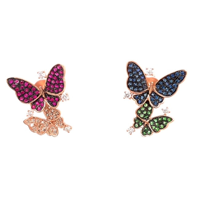 Front view of 18k Rose Gold Ruby, Sapphire, Tsavorite & Diamond Butterfly Earrings