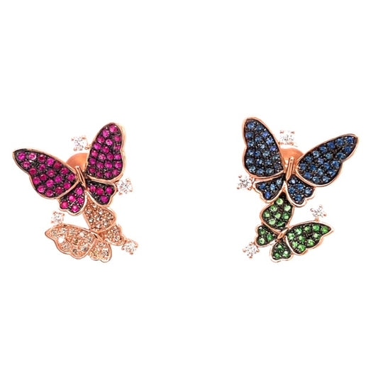 Front view of 18k Rose Gold Ruby, Sapphire, Tsavorite & Diamond Butterfly Earrings