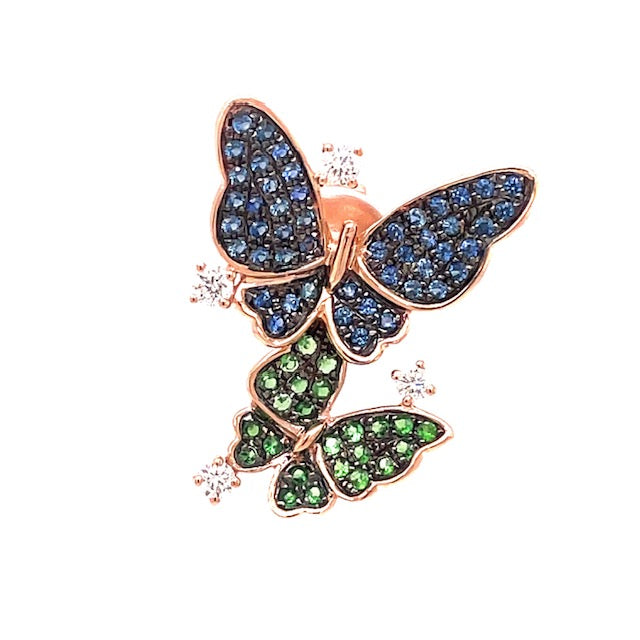 Front view of 18k Rose Gold Ruby, Sapphire, Tsavorite & Diamond Butterfly Earrings