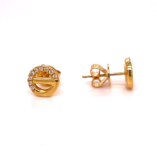 Front and side view of 18k Yellow Gold Small Circle Half Way Diamond Earrings