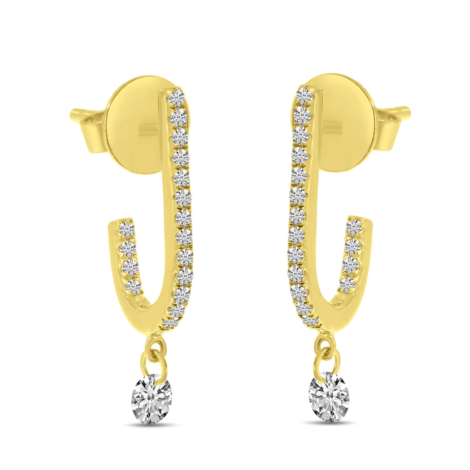 Dazzle with these 14k yellow gold huggie earrings featuring round diamonds and measuring 18.5mm long. Enjoy security and comfort with the friction back closures!