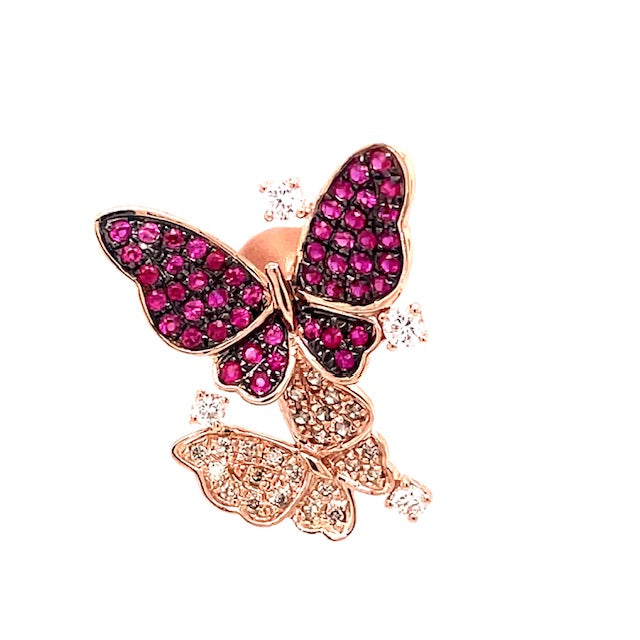 Front view of 18k Rose Gold Ruby, Sapphire, Tsavorite & Diamond Butterfly Earrings