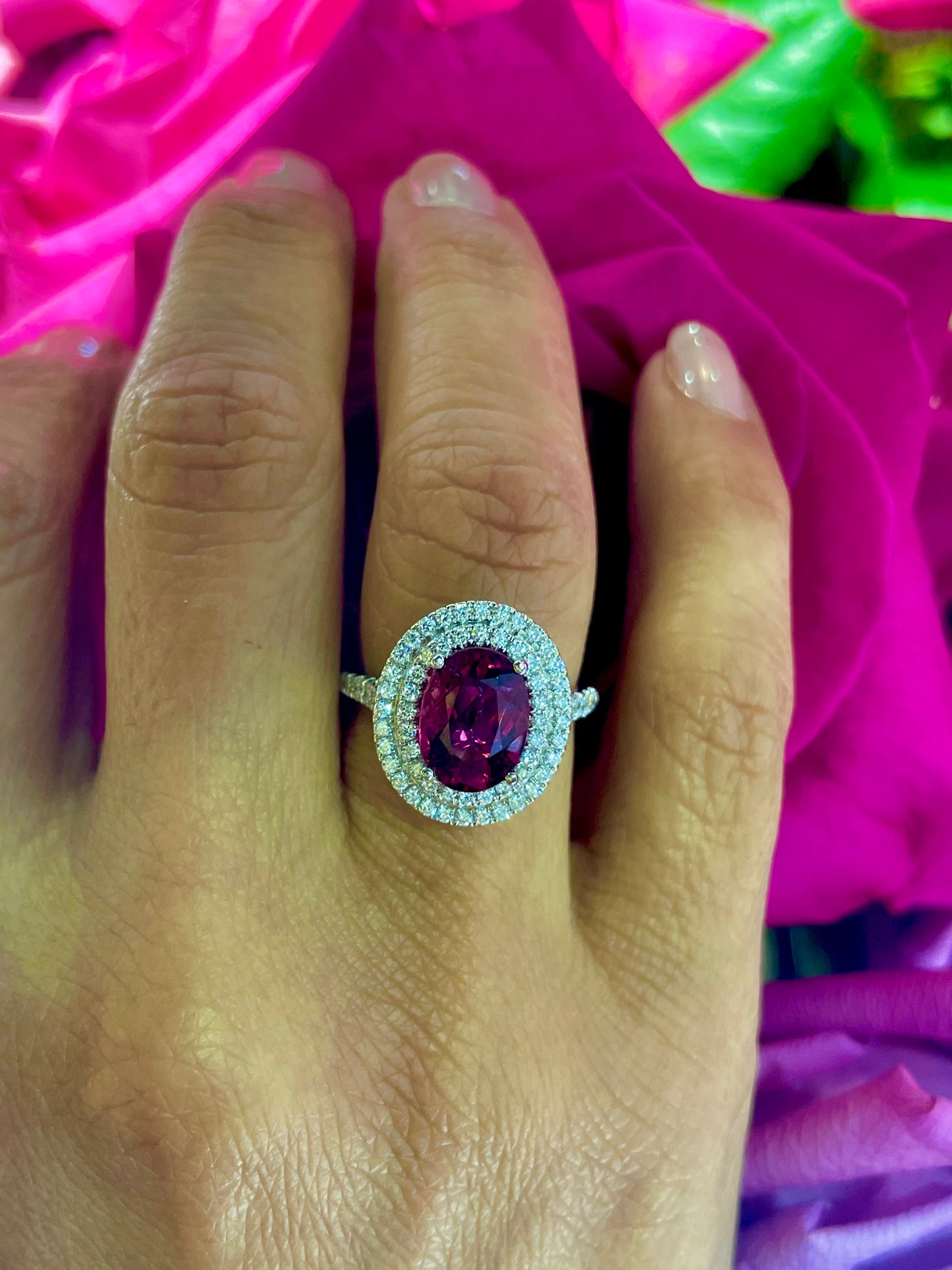 Double Diamond Halo Tourmaline Ring Try on View