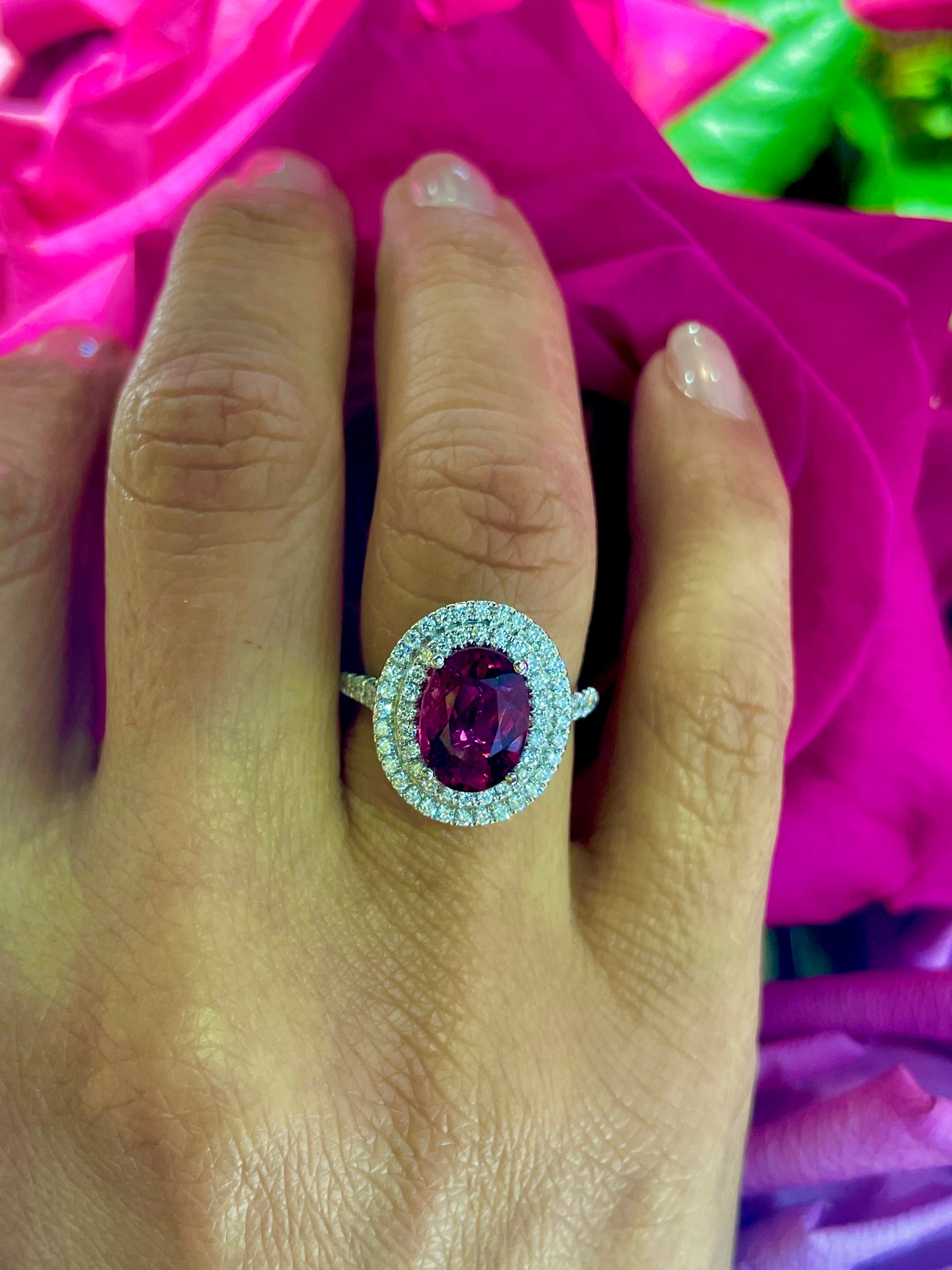 Double Diamond Halo Tourmaline Ring Try on View