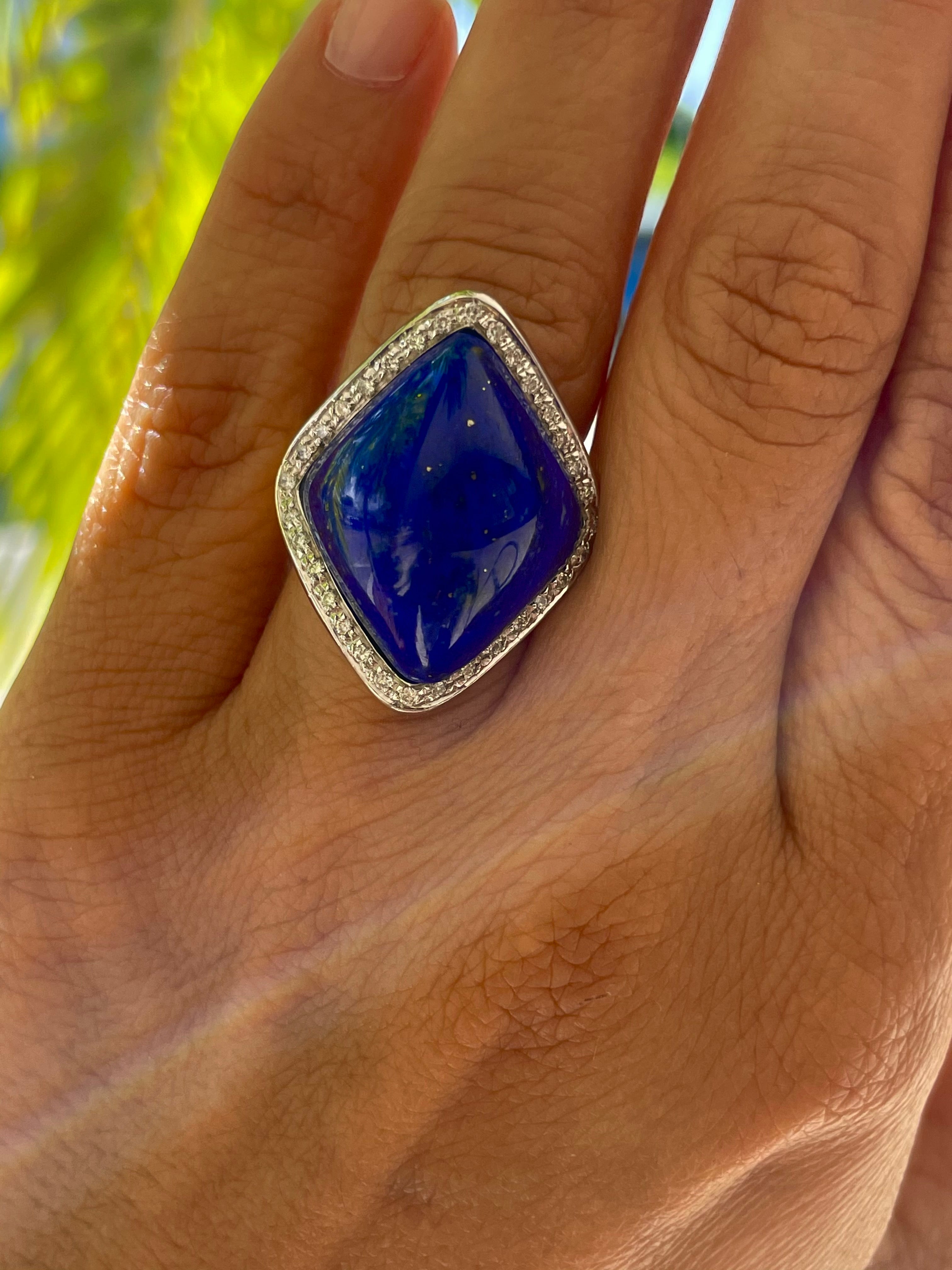 18k two tone gold  Cabochon Lapis Lazuli  Round diamonds 0.34 cts   Italian design with thick shank  Pascale Bruni collection  Rhombus shape ring  