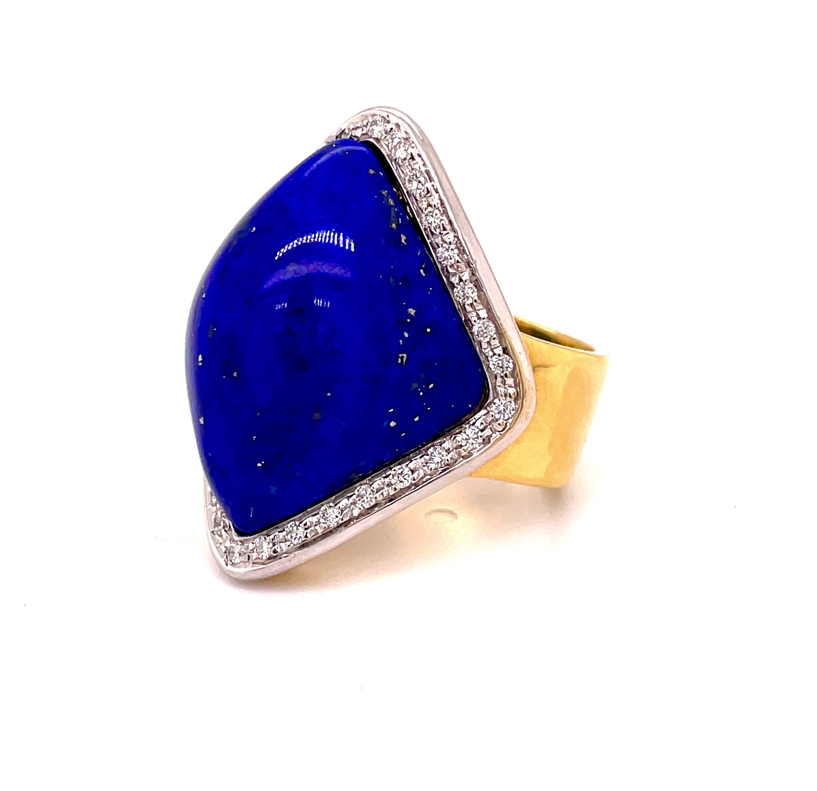 18k two tone gold  Cabochon Lapis Lazuli  Round diamonds 0.34 cts   Italian design with thick shank  Pascale Bruni collection  Rhombus shape ring  