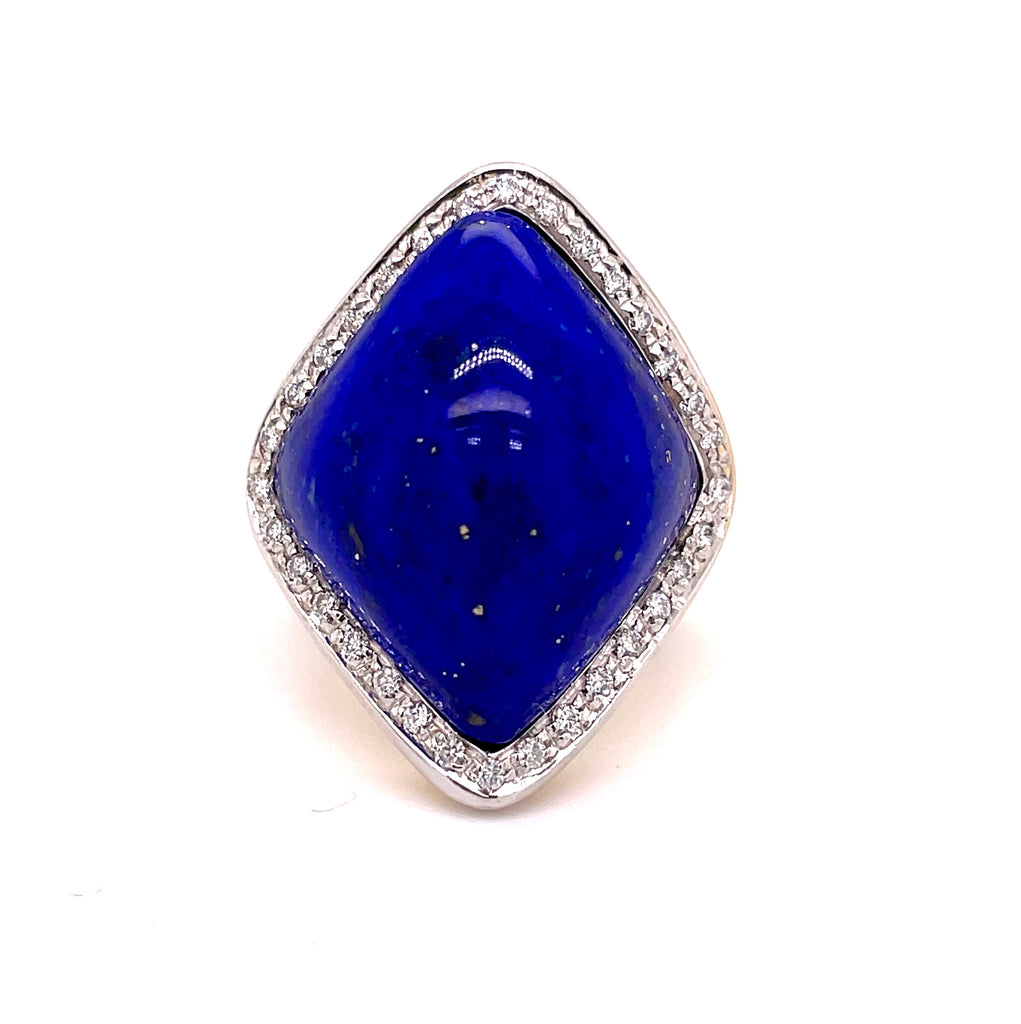 18k two tone gold  Cabochon Lapis Lazuli  Round diamonds 0.34 cts   Italian design with thick shank  Pascale Bruni collection  Rhombus shape ring  