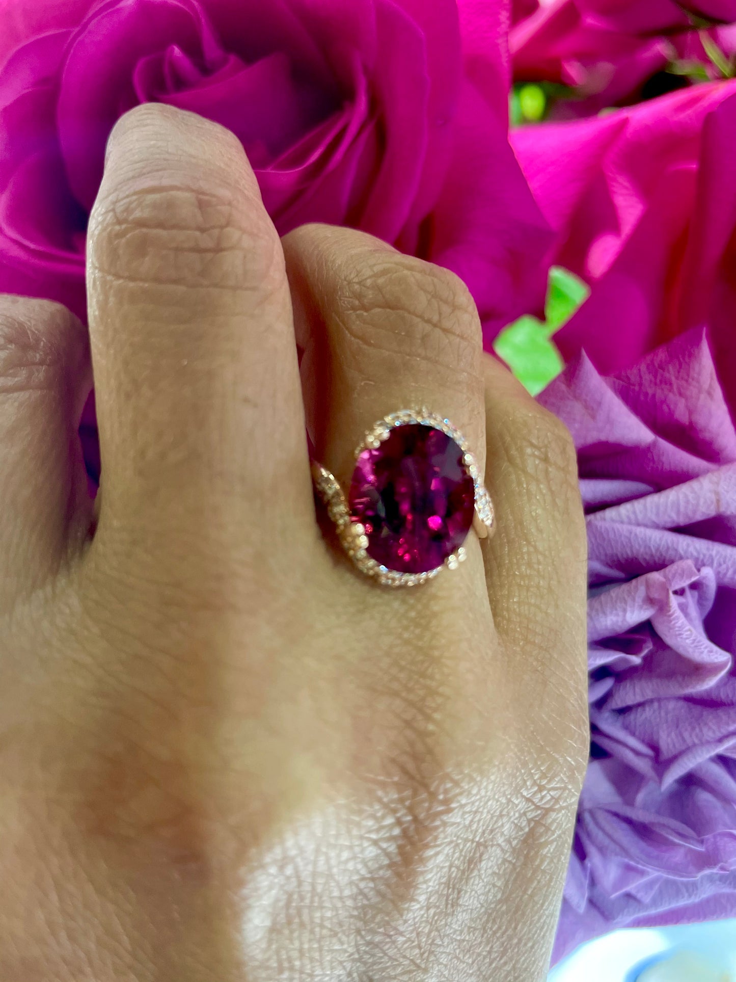Try on view of 14k Rose Gold Tourmaline & Diamond Wrap Ring