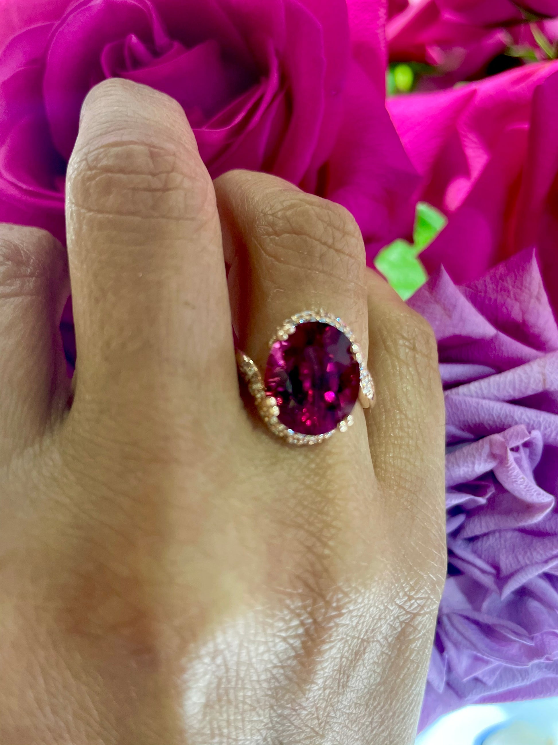Try on view of 14k Rose Gold Tourmaline & Diamond Wrap Ring