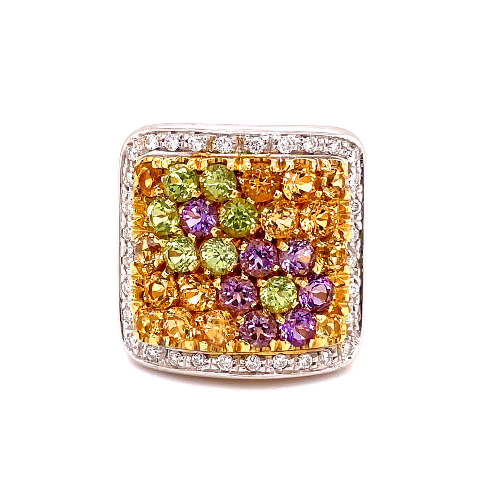 18k two tone gold  Amethyst & citrine stones  Round diamonds 0.32 cts   Italian design with thick shank  Pascale Bruni collection 