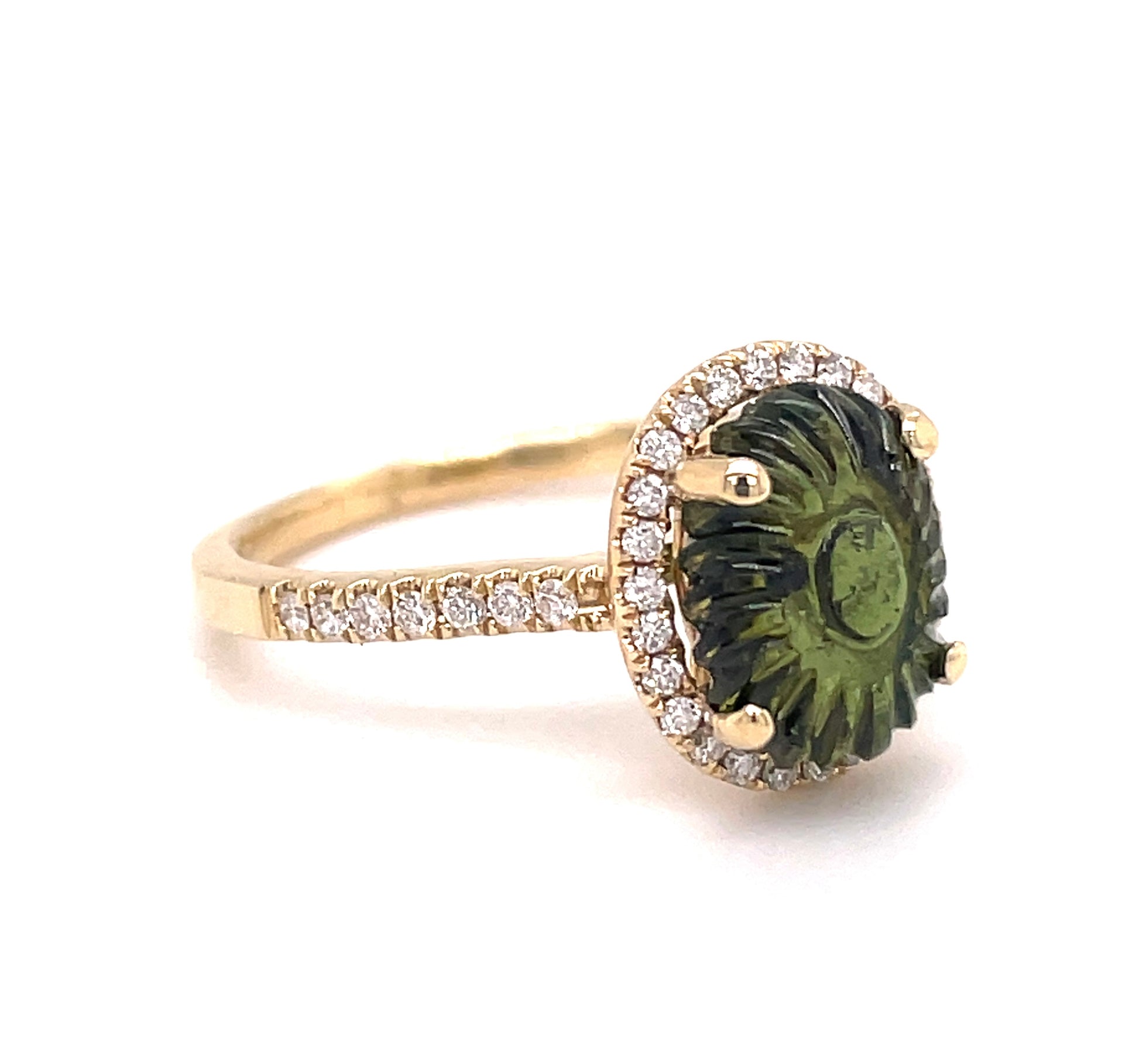 Side view of 14k yellow Gold Carved Oval Green Tourmaline Diamond Halo Ring
