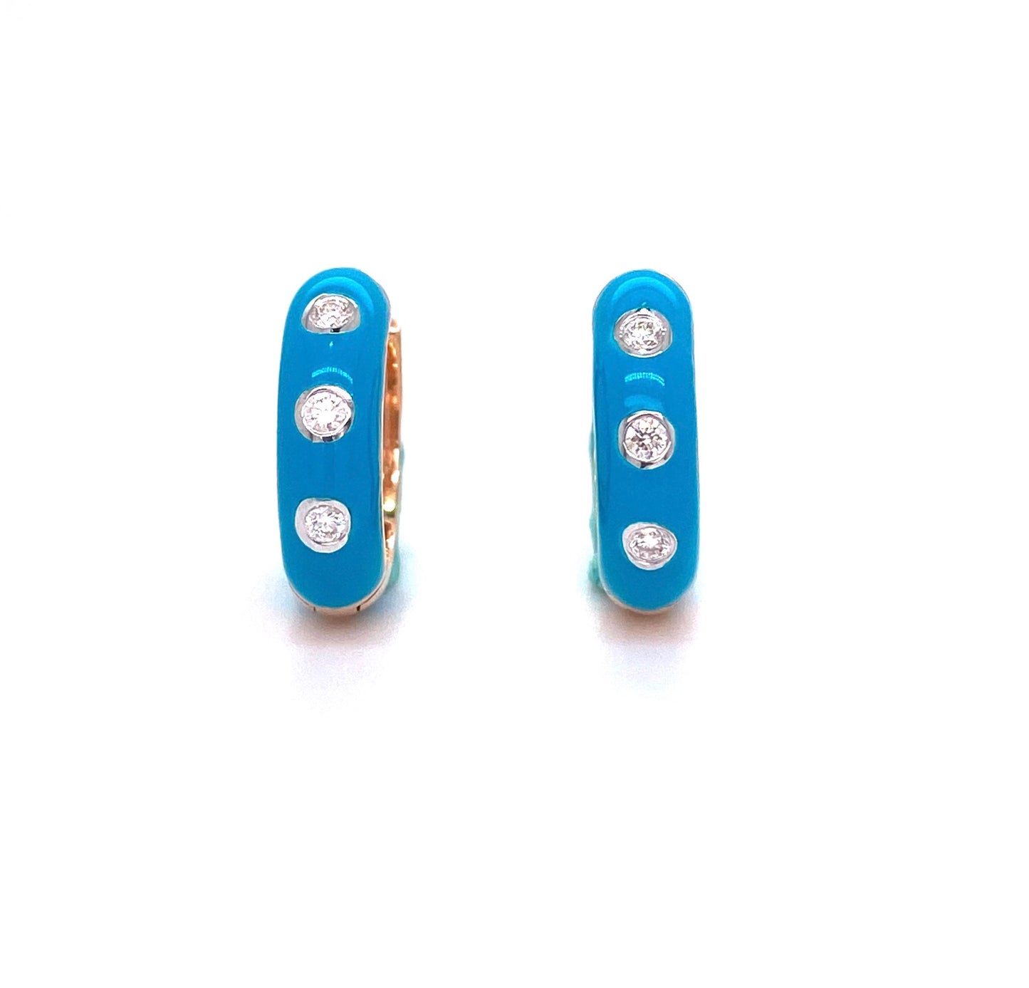 Front view of 14k Rose Gold Blue Enamel & Diamond Huggie Earrings