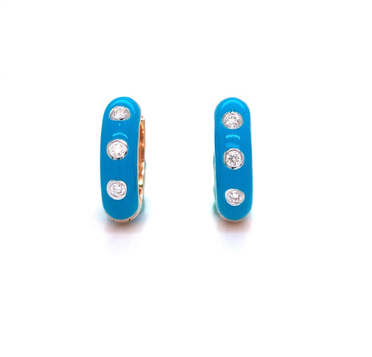 Front view of 14k Rose Gold Blue Enamel & Diamond Huggie Earrings