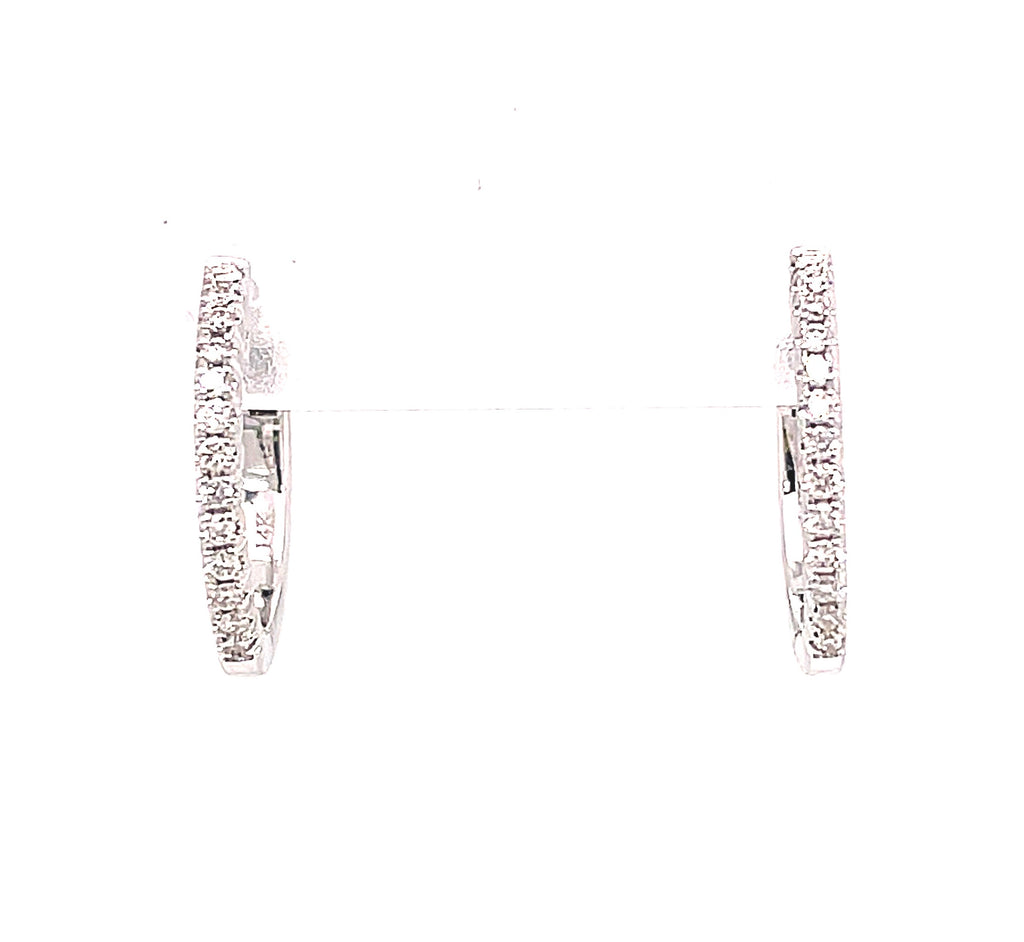 Everyday diamond hoop earrings.   14k white gold  Secure hinge system   Round diamonds 0.10 cts  13.00mm