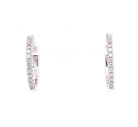 Luxury Diamond Huggie Hoop Earrings crafted from lustrous 14k white gold, designed with a secure hinge system for worry-free wear. Featuring 0.10 cts of shimmering round diamonds encircling the face in a halo of radiance. 13.00mm in size.