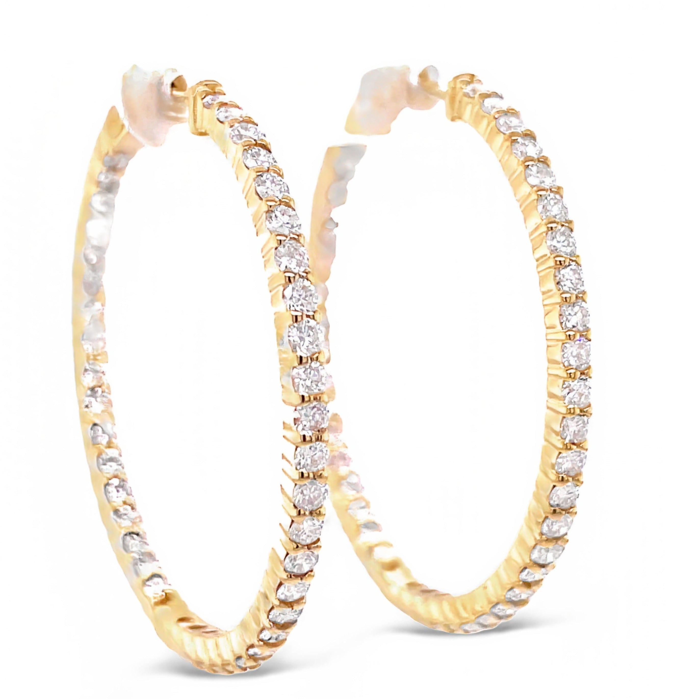 Large hoops   2.00 mm thickness  30.00 mm long  Round diamonds 1.88 cts  F/G color  VS1 clarity  Secure & easy lever back system  14k yellow gold  Secure lock clasp
