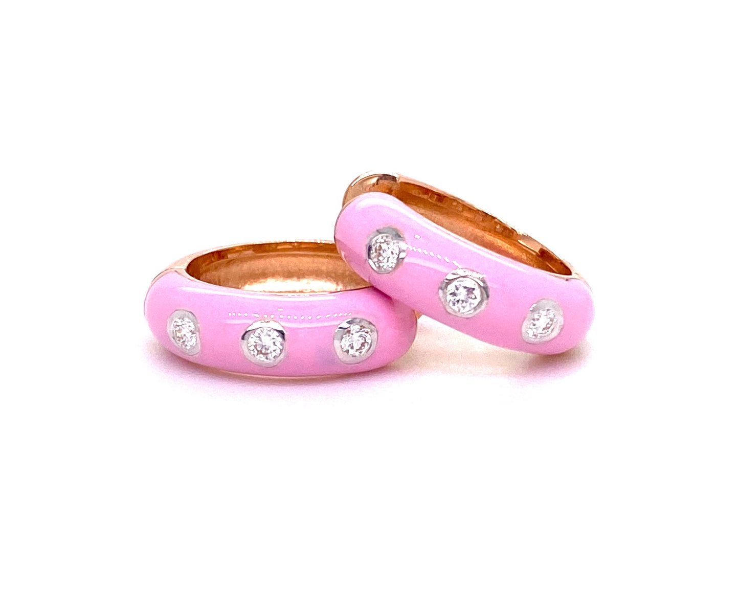 Front view of 14k Rose Gold Pink Enamel & Diamond Huggie Earrings