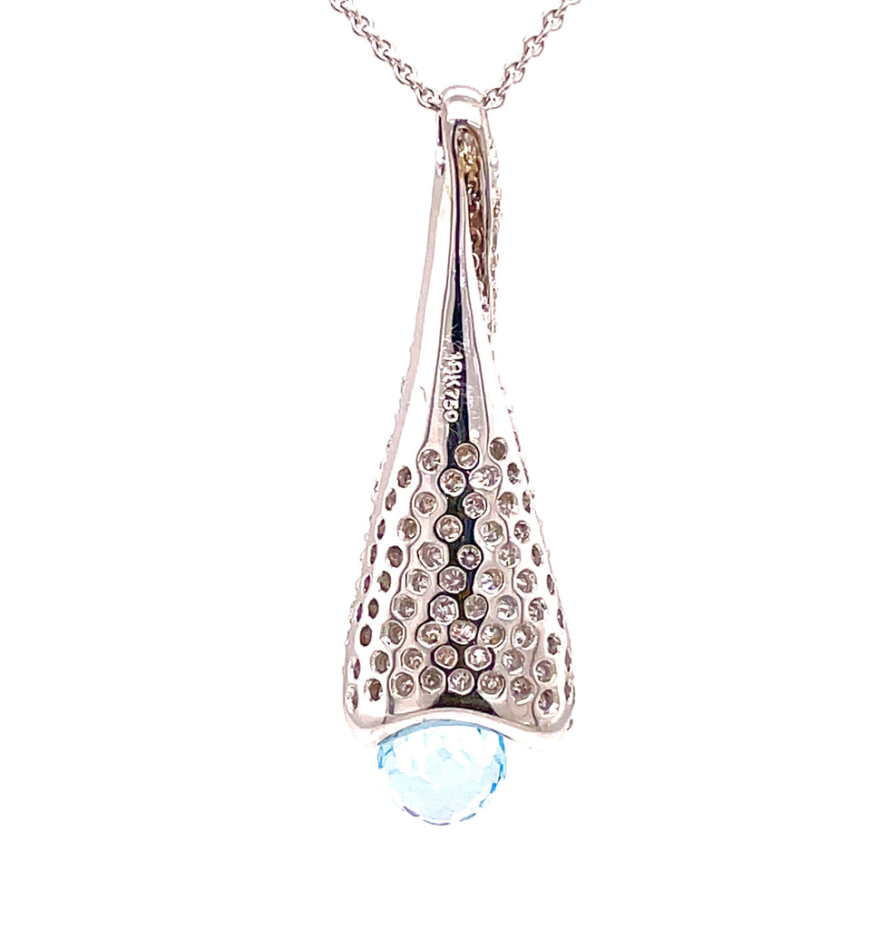 Blue Topaz briolette cut  Round diamond 1.53 cts  18k white gold  14k white gold chain link with secure lobster clasp  1" long