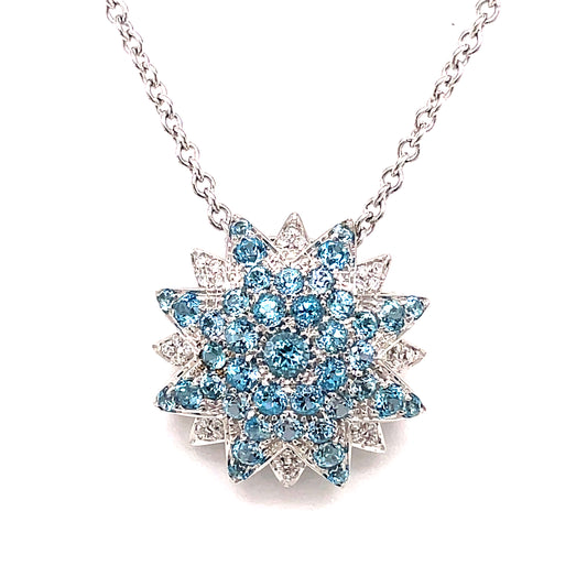 Front view of 18k White Gold Italian Made Sunburst Blue Topaz & Diamond Necklace