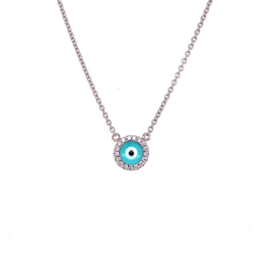 Front view of Diamond Round Evil Eye Pendant White Gold Necklace